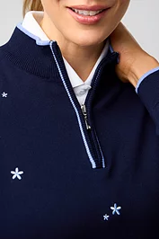 Glenmuir Ladies Quarter Zip Floral Embroidery Cotton Lightweight Golf Sweater