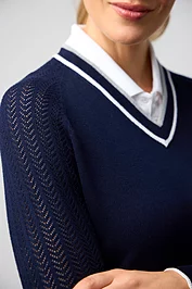 Glenmuir Ladies V Neck Raglan Pointelle Sleeve Cotton Lightweight Golf Sweater