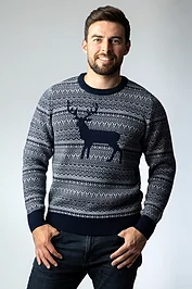 Glenmuir Mens Round Neck Fairisle Stag Merino Midweight Christmas Sweater