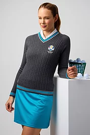 glenmuir Official Ryder Cup 2025 Ladies V Neck Raglan Cable Front Cotton Lightweight Golf Sweater
