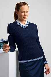 glenmuir The Open Ladies V Neck Raglan Cable Front Cotton Lightweight Golf Sweater