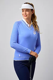 glenmuir The Open Ladies V Neck Raglan Pointelle Sleeve Cotton Lightweight Golf Sweater