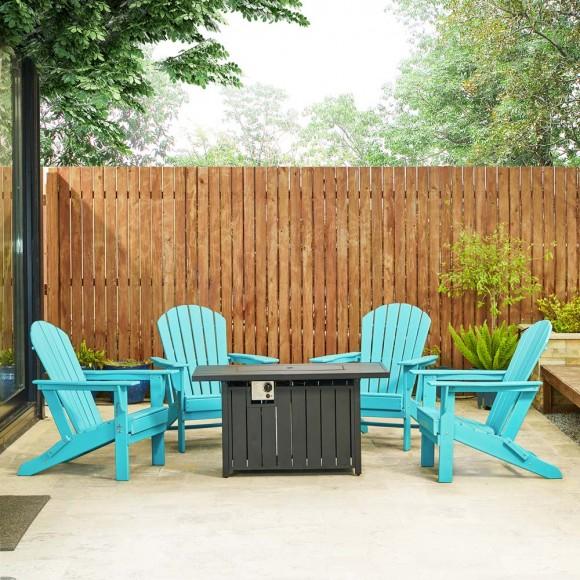 Glitzhome Elm PLUS 1 Piece 30000-BTU Black Aluminum Propane Fire Pit Table And 4 Piece Aqua HDPE Folding Adirondack Chairs