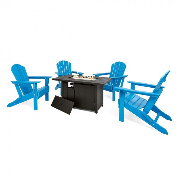 glitzhome Elm PLUS 1 Piece 30000-BTU Black Aluminum Propane Fire Pit Table and 4 Piece Pacific Blue HDPE Folding Adirondack Chairs