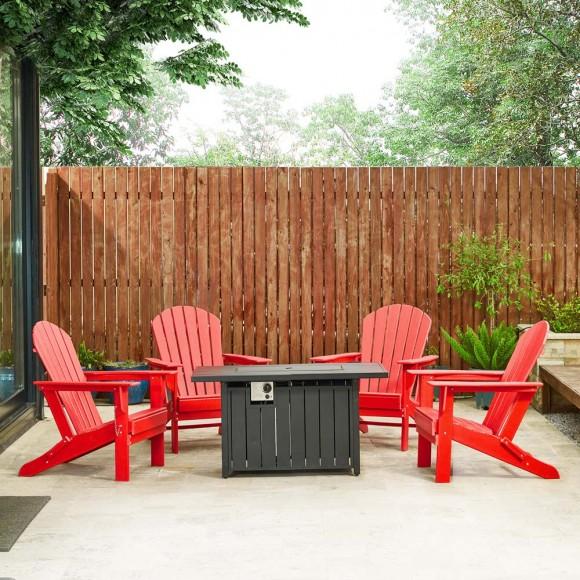 Glitzhome Elm PLUS 1 Piece 30000-BTU Black Aluminum Propane Fire Pit Table And 4 Piece Red HDPE Folding Adirondack Chairs