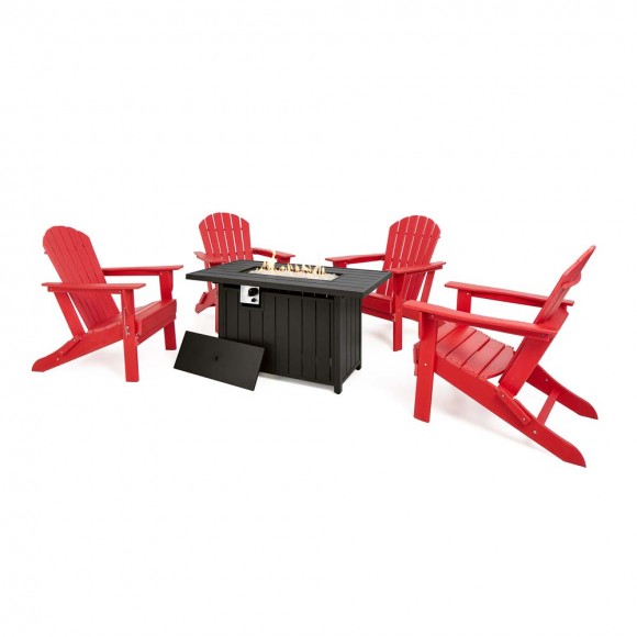 glitzhome Elm PLUS 1 Piece 30000-BTU Black Aluminum Propane Fire Pit Table and 4 Piece Red HDPE Folding Adirondack Chairs