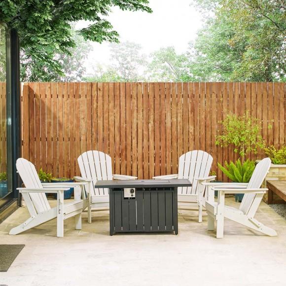 Glitzhome Elm PLUS 1 Piece 30000-BTU Black Aluminum Propane Fire Pit Table And 4 Piece White HDPE Folding Adirondack Chairs