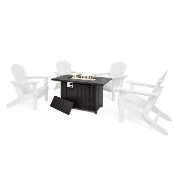 glitzhome Elm PLUS 1 Piece 30000-BTU Black Aluminum Propane Fire Pit Table and 4 Piece White HDPE Folding Adirondack Chairs