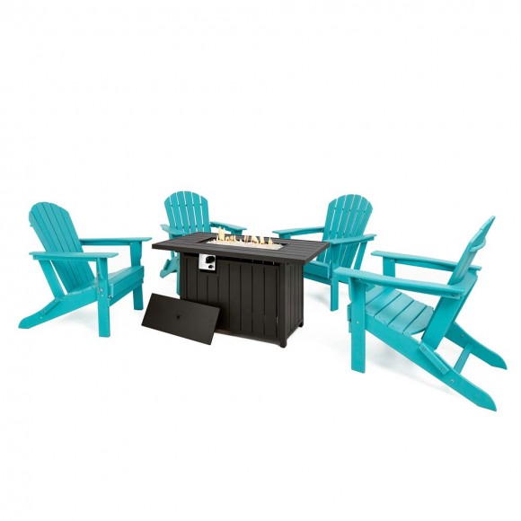 glitzhome Elm PLUS 1 Piece 30000-BTU Black Aluminum Propane Fire Pit Table and 4 Piece Aqua HDPE Folding Adirondack Chairs