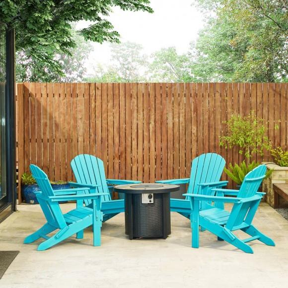 Glitzhome Elm PLUS 1 Piece 30000-BTU Round Slates Top Aluminum Propane Fire Pit Table And 4 Piece Aqua HDPE Folding Adirondack Chairs