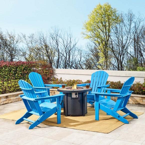 Glitzhome Elm PLUS 1 Piece 30000-BTU Round Slates Top Aluminum Propane Fire Pit Table And 4 Piece Pacific Blue HDPE Folding Adirondack Chairs