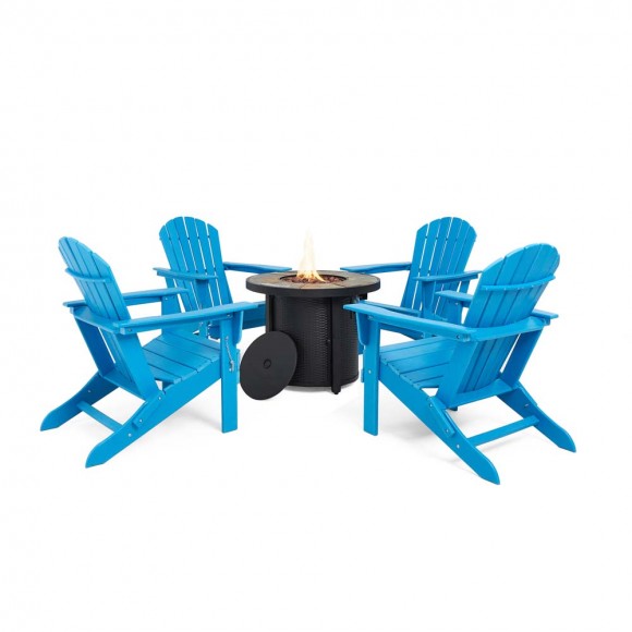 glitzhome Elm PLUS 1 Piece 30000-BTU Round Slates Top Aluminum Propane Fire Pit Table and 4 Piece Pacific Blue HDPE Folding Adirondack Chairs