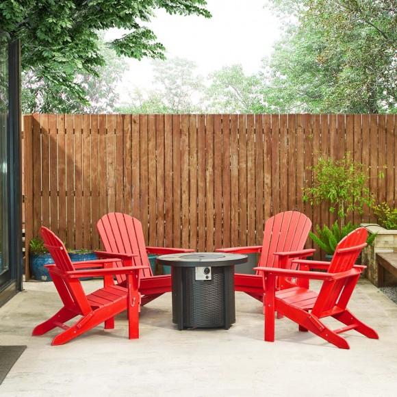 Glitzhome Elm PLUS 1 Piece 30000-BTU Round Slates Top Aluminum Propane Fire Pit Table And 4 Piece Red HDPE Folding Adirondack Chairs