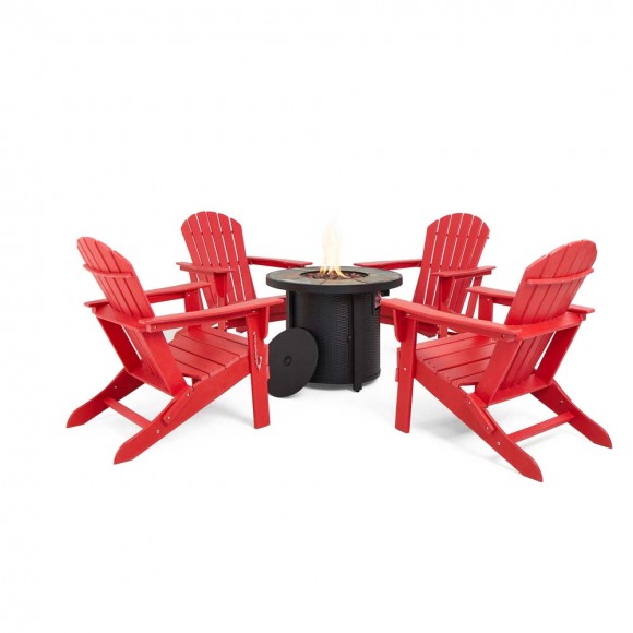 glitzhome Elm PLUS 1 Piece 30000-BTU Round Slates Top Aluminum Propane Fire Pit Table and 4 Piece Red HDPE Folding Adirondack Chairs