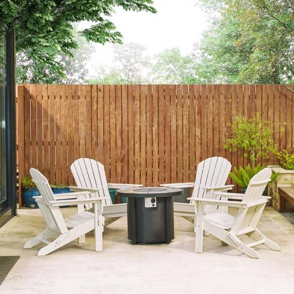 Glitzhome Elm PLUS 1 Piece 30000-BTU Round Slates Top Aluminum Propane Fire Pit Table And 4 Piece White HDPE Folding Adirondack Chairs
