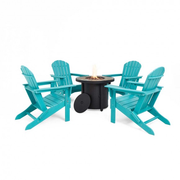 glitzhome Elm PLUS 1 Piece 30000-BTU Round Slates Top Aluminum Propane Fire Pit Table and 4 Piece Aqua HDPE Folding Adirondack Chairs