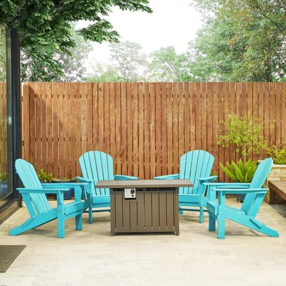Glitzhome Elm PLUS 1 Piece 30000-BTU Tan Aluminum Propane Fire Pit Table And 4 Piece Aqua HDPE Folding Adirondack Chairs