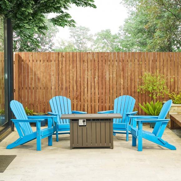 Glitzhome Elm PLUS 1 Piece 30000-BTU Tan Aluminum Propane Fire Pit Table And 4 Piece Pacific Blue HDPE Folding Adirondack Chairs