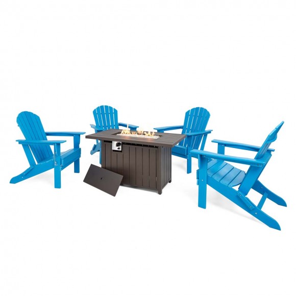 glitzhome Elm PLUS 1 Piece 30000-BTU Tan Aluminum Propane Fire Pit Table and 4 Piece Pacific Blue HDPE Folding Adirondack Chairs
