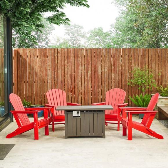Glitzhome Elm PLUS 1 Piece 30000-BTU Tan Aluminum Propane Fire Pit Table And 4 Piece Red HDPE Folding Adirondack Chairs