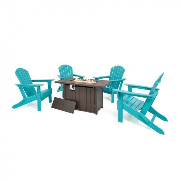 glitzhome Elm PLUS 1 Piece 30000-BTU Tan Aluminum Propane Fire Pit Table and 4 Piece Aqua HDPE Folding Adirondack Chairs