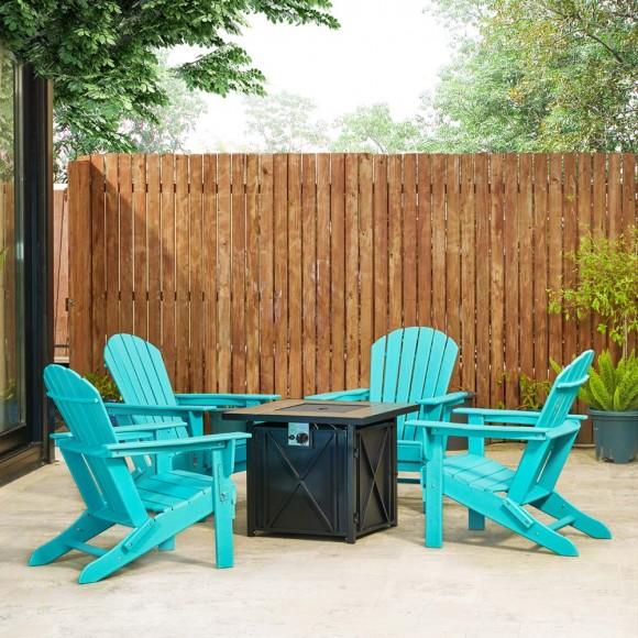 Glitzhome Elm PLUS 1 Piece 50000-BTU Square Tiles Top Aluminum Propane Fire Pit Table And 4 Piece Aqua HDPE Folding Adirondack Chairs