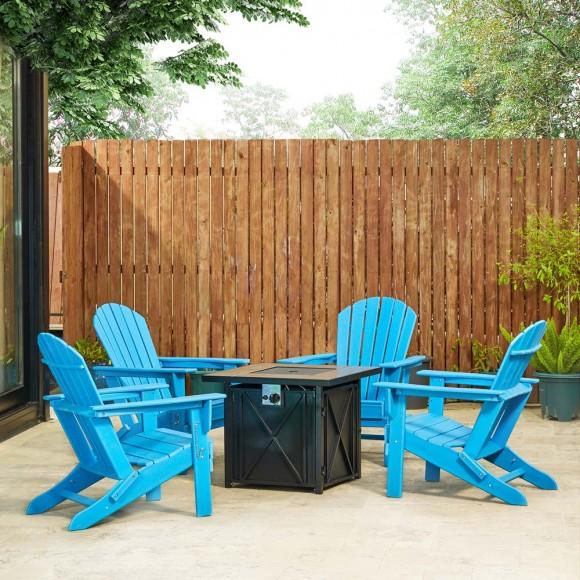 Glitzhome Elm PLUS 1 Piece 50000-BTU Square Tiles Top Aluminum Propane Fire Pit Table And 4 Piece Pacific Blue HDPE Folding Adirondack Chairs