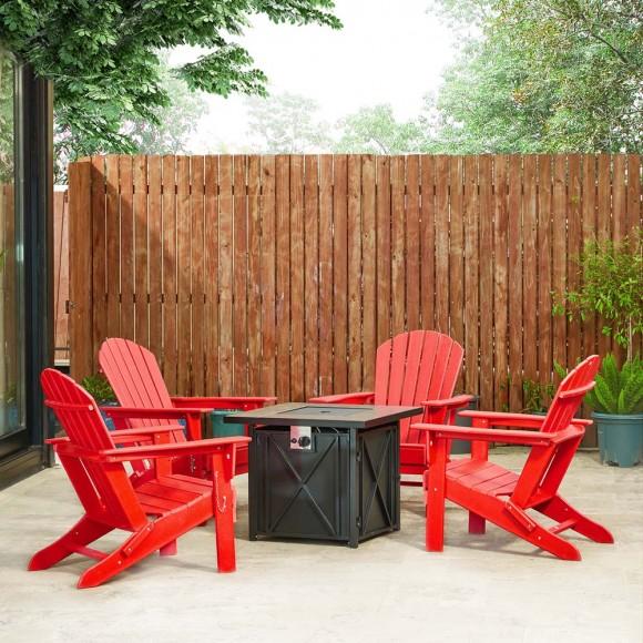 Glitzhome Elm PLUS 1 Piece 50000-BTU Square Tiles Top Aluminum Propane Fire Pit Table And 4 Piece Red HDPE Folding Adirondack Chairs