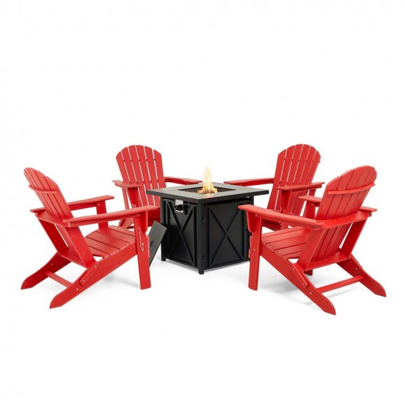 glitzhome Elm PLUS 1 Piece 50000-BTU Square Tiles Top Aluminum Propane Fire Pit Table and 4 Piece Red HDPE Folding Adirondack Chairs