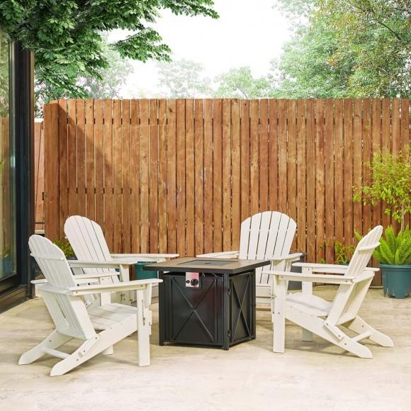 Glitzhome Elm PLUS 1 Piece 50000-BTU Square Tiles Top Aluminum Propane Fire Pit Table And 4 Piece White HDPE Folding Adirondack Chairs