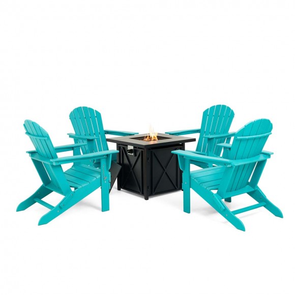 glitzhome Elm PLUS 1 Piece 50000-BTU Square Tiles Top Aluminum Propane Fire Pit Table and 4 Piece Aqua HDPE Folding Adirondack Chairs