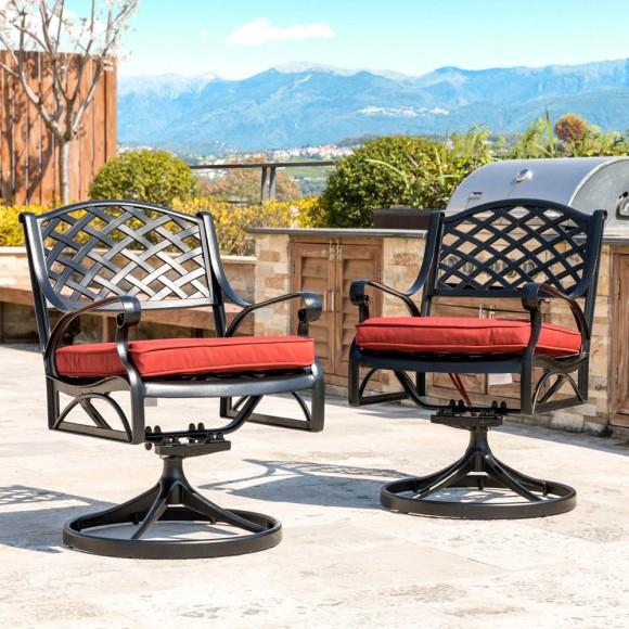 Glitzhome Elm PLUS 2 Piece Cast Aluminum Patio Dining Swivel Chair With Red Cushion Olefin Fabric