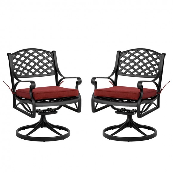 glitzhome Elm PLUS 2 Piece Cast Aluminum Patio Dining Swivel Chair with Red Cushion Olefin Fabric