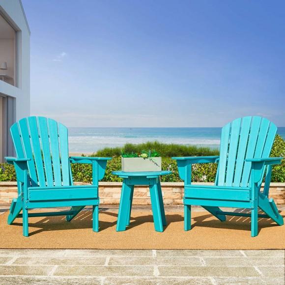 Glitzhome Elm PLUS 3-Piece Outdoor Patio Aqua HDPE Folding Adirondack Chairs And 20"D Side Table Set