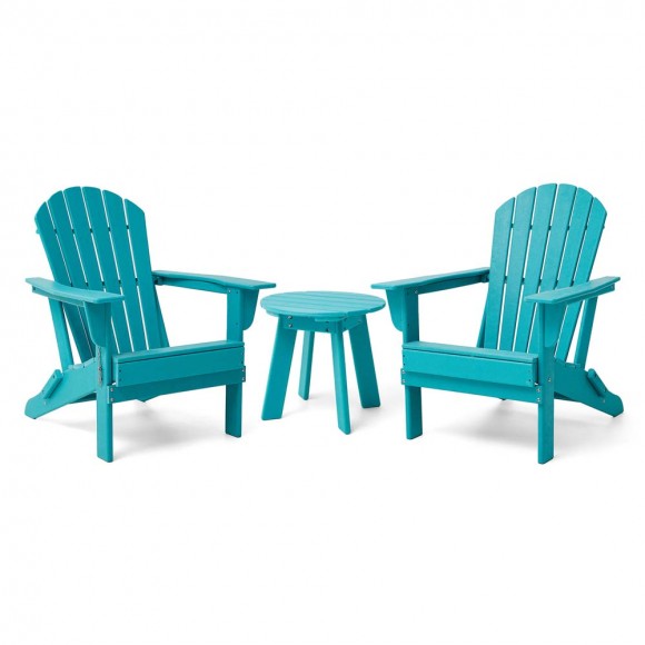 glitzhome Elm PLUS 3-Piece Outdoor Patio Aqua HDPE Folding Adirondack Chairs and 20"D Side Table Set