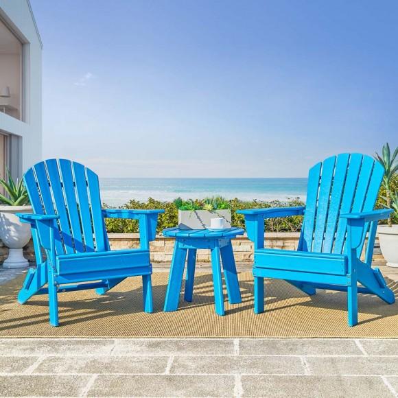 Glitzhome Elm PLUS 3-Piece Outdoor Patio Pacific Blue HDPE Folding Adirondack Chairs And 20"D Side Table Set
