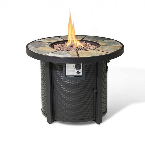 glitzhome Elm PLUS 32"D 30000-BTU Round Slates Top Aluminum Propane Fire Pit Table with Polyester Cover