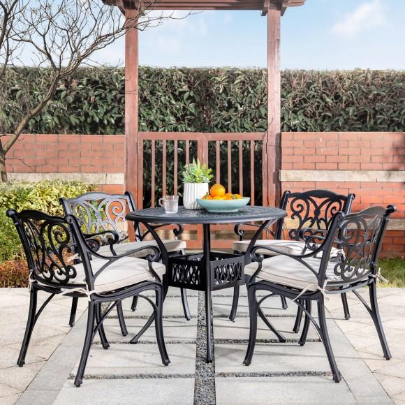 Glitzhome Elm PLUS 5-Piece Cast Aluminium Dining Set With Beige Olefin Fabric Cushions And Alternative Wine Red Cushion Covers