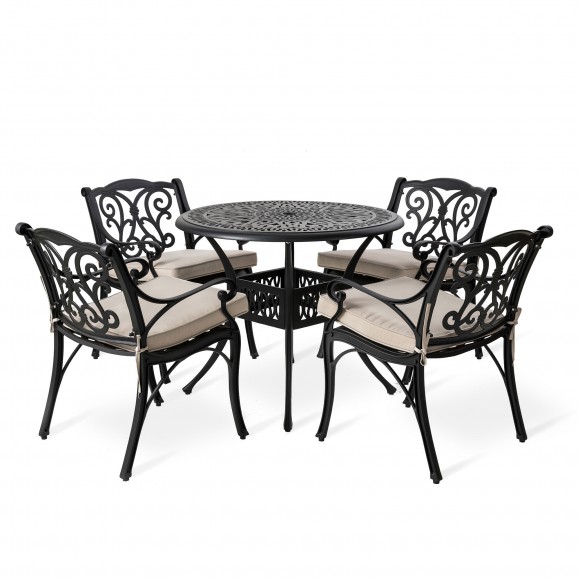 Glitzhome Elm PLUS 5-Piece Cast Aluminium Dining Set With Beige Olefin Fabric Cushions And Alternative Wine Red Cushion Covers