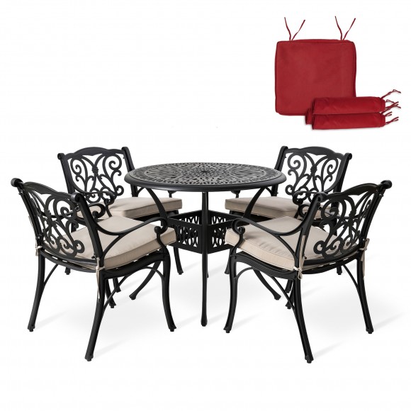 glitzhome Elm PLUS 5-Piece Cast Aluminium Dining Set with Beige Olefin Fabric Cushions and Alternative Wine Red Cushion Covers