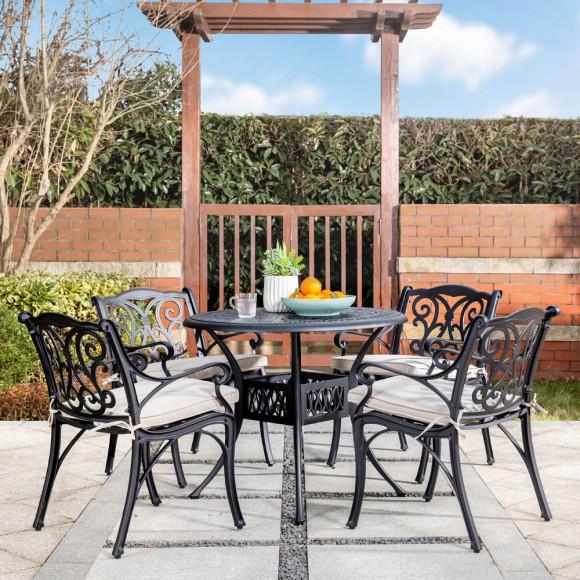 Glitzhome Elm PLUS 5 Piece Cast Aluminum Patio Dining Set With Beige Cushions Olefin Fabric