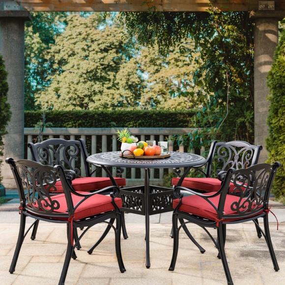 Glitzhome Elm PLUS 5 Piece Cast Aluminum Patio Dining Set With Wine Red Cushions Olefin Fabric
