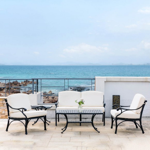 Glitzhome Elm PLUS 5 Piece Cast Aluminum Patio Sectional Sofa Set With Beige Cushions Olefin Fabric