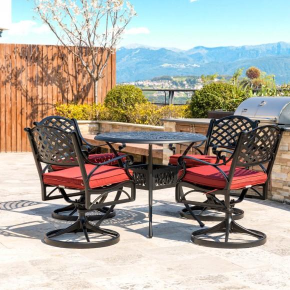 Glitzhome Elm PLUS 5 Piece Cast Aluminum Patio Swivel Dining Set With Wine Red Cushions Olefin Fabric