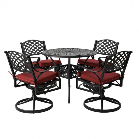 glitzhome Elm PLUS 5 Piece Cast Aluminum Patio Swivel Dining Set with Wine Red Cushions Olefin Fabric