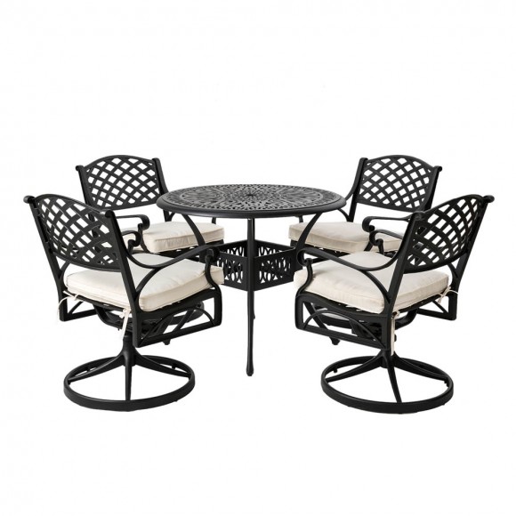 glitzhome Elm PLUS 5 Piece Cast Aluminum Patio Swivel Dining Set with Beige Cushions Olefin Fabric