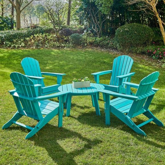 Glitzhome Elm PLUS 5-Piece Outdoor Patio Aqua HDPE Folding Adirondack Chairs And 36"D Coffee Table Set
