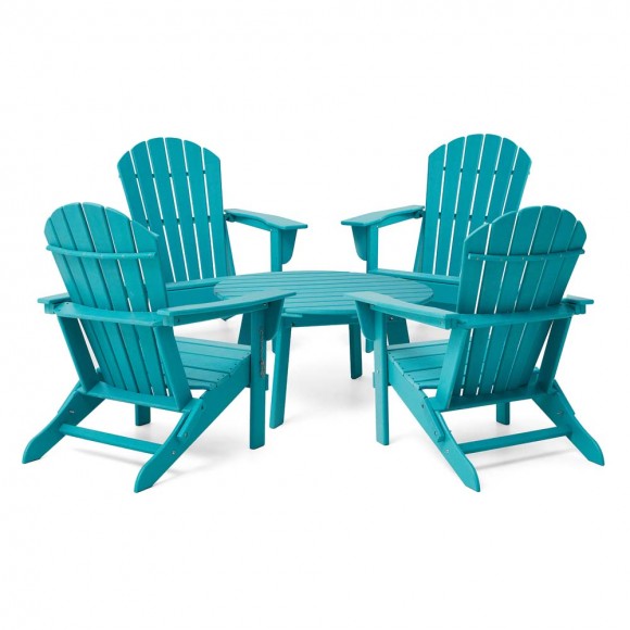 glitzhome Elm PLUS 5-Piece Outdoor Patio Aqua HDPE Folding Adirondack Chairs and 36"D Coffee Table Set