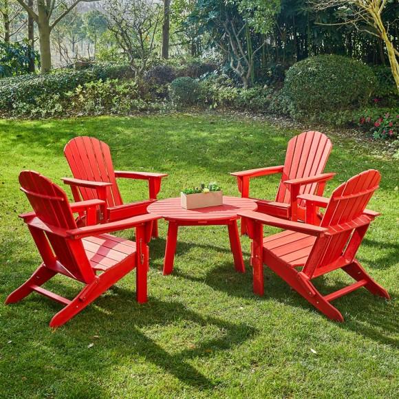 Glitzhome Elm PLUS 5-Piece Outdoor Patio Red HDPE Folding Adirondack Chairs And 36"D Coffee Table Set