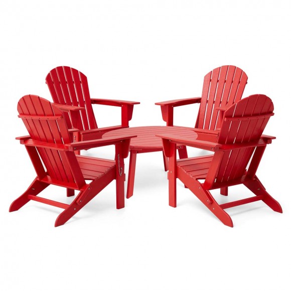 glitzhome Elm PLUS 5-Piece Outdoor Patio Red HDPE Folding Adirondack Chairs and 32"D Coffee Table Set